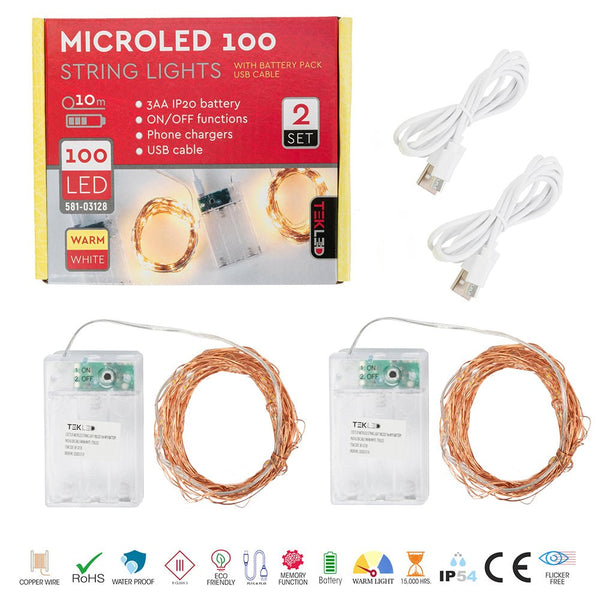 Mensa 2 Sets of Micro-LED 100 LEDs 10m with Battery Pack & USB Cable Warm White LED String Fairy Light