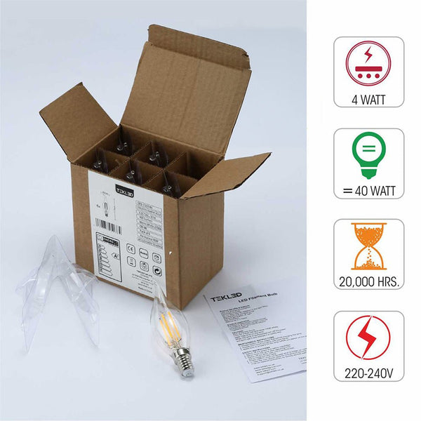 TEKLED
LED Filament C35 Candle Bulb E14 Small Edison Screw 4W - Flame Tip / 2700K Warm White / Pack of 6 or 10.