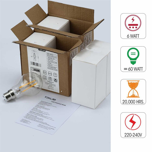 LED Dimmable Filament A60 GLS Bulb B22 Bayonet Cap 6.5W Warm White 2700K