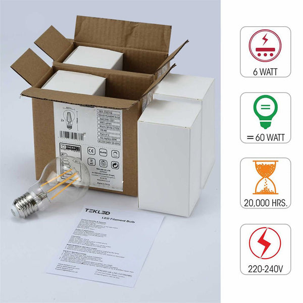 LED Dimmable Filament A60 GLS Bulb E27 Edison Screw 6.5W Warm White 2700K