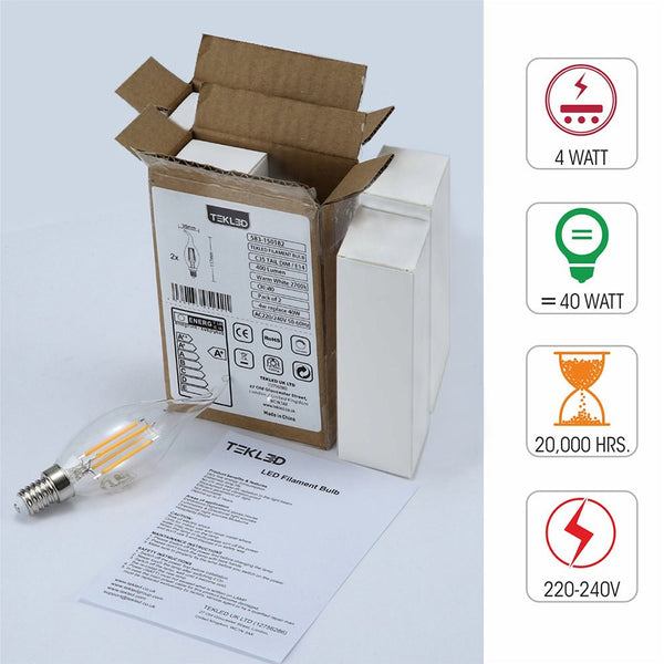 LED Dimmable Filament C35 Candle Bulb E14 Small Edison Screw 4W Warm White 2700K