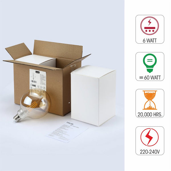 LED Dimmable Filament Globe Bulb E27 Edison Screw 6.5W Pack of 2 Warm White 2400K