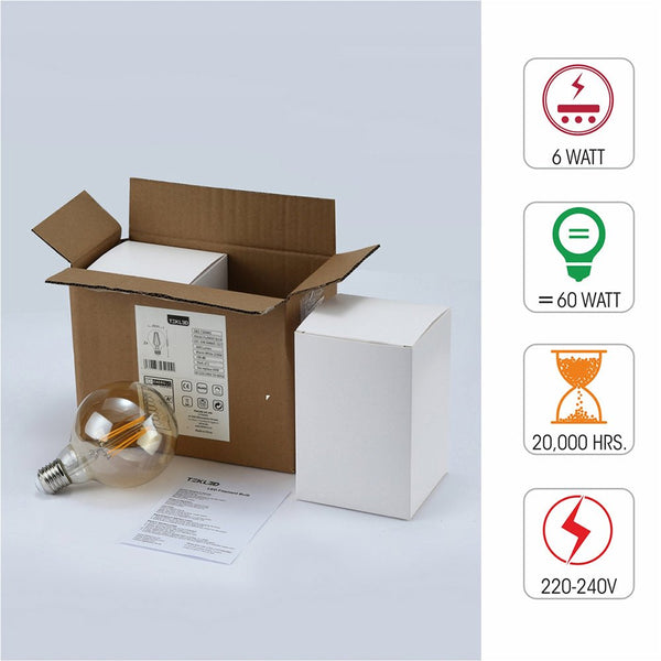 LED Dimmable Filament Globe Bulb E27 Edison Screw 6.5W Pack of 2 Warm White 2400K