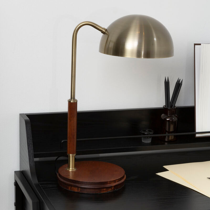 Antique Brass Finish Task Lamp with Wood Base | Sydnee