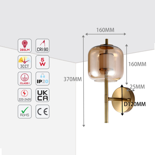 Bronze Wall Light with Amber or Smoked Glass Shade