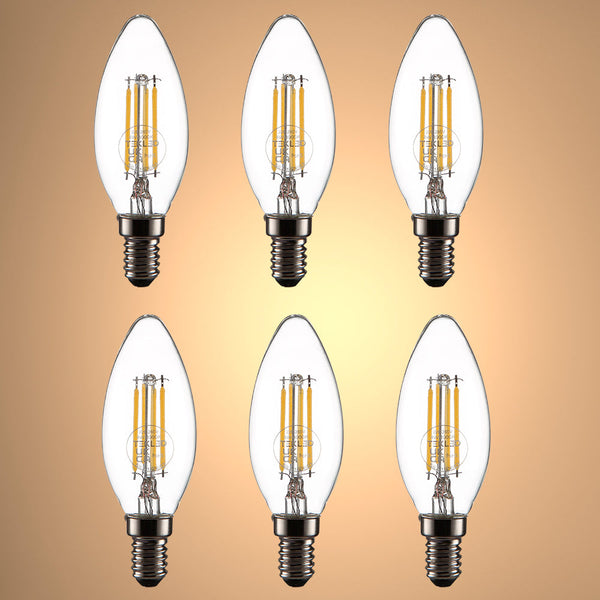 TEKLED
LED Filament C35 Candle Bulb E14 Small Edison Screw 4W - Flame Tip / 2700K Warm White / Pack of 6 or 10.