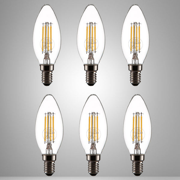 TEKLED
LED Filament C35 Candle Bulb E14 Small Edison Screw 4W - Flame Tip / 2700K Warm White / Pack of 6 or 10.