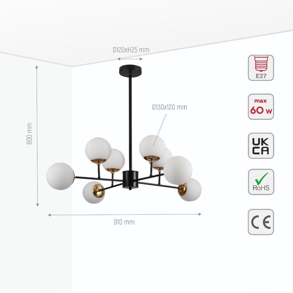 Stilnovo Amber or Opal Glass Globe Modern Sputnik Chandelier Ceiling Light E27