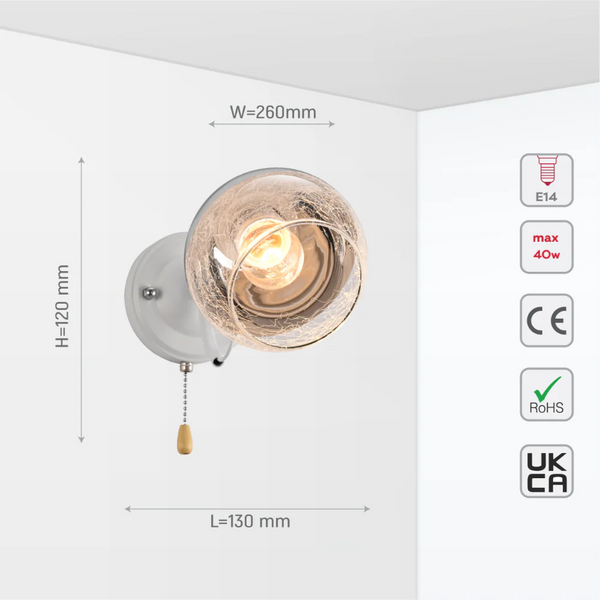 Black-Chrome | White Metal Partial Mirror Cone Glass Wall Light E27 Pull Down Switch