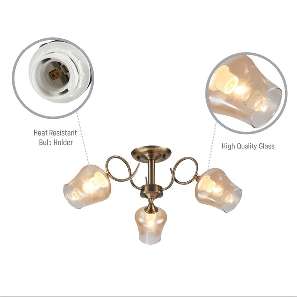 Amber Bell Glass Antique Brass Metal Semi Flush Ceiling Light