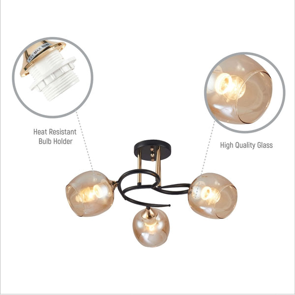 Amber Bell Glass Black Gold Metal Semi Flush Ceiling Light