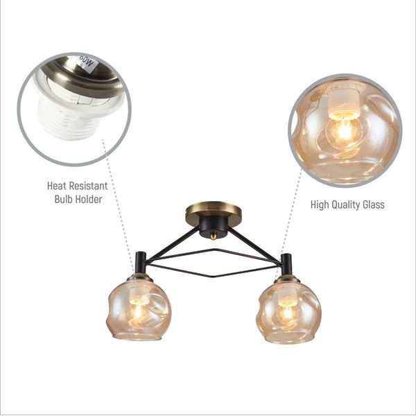 Amber Bell Glass Black Metal Semi Flush Ceiling Light