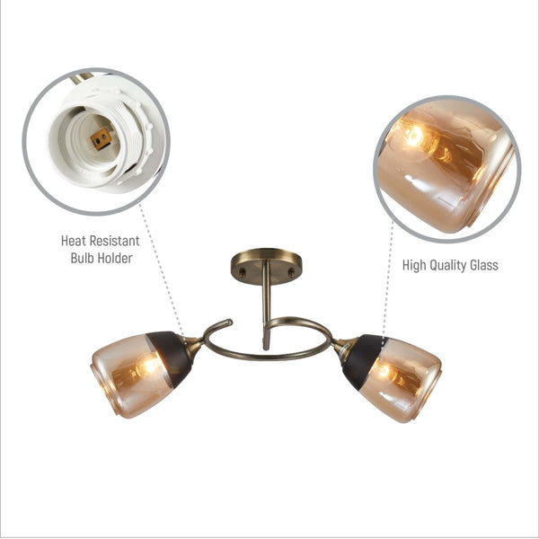 Amber Black Bell Glass Antique Brass Metal Spiral Semi Flush Ceiling Light