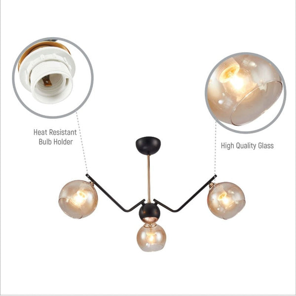 Amber Cone Glass Black Gold Metal Spider Semi Flush Ceiling Light