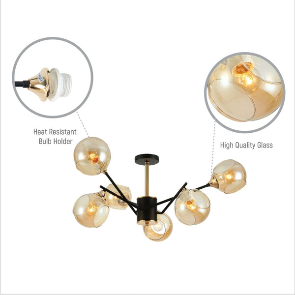 Amber Cut-out Globe Glass Black Gold Metal Sputnik Semi Flush Ceiling Light
