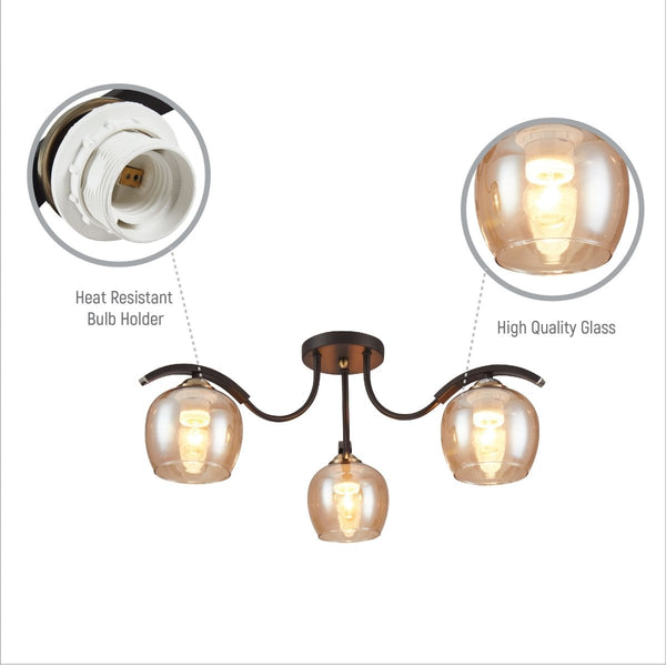 Amber Glass Black Semi-Flush Ceiling Light E27
