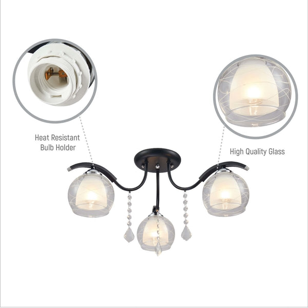 Clear Opal Double Layer Bell Glass Black Metal Semi Flush Ceiling Light