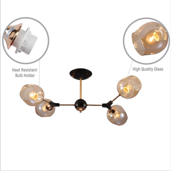 Amber Bell Glass Sputnik Gold Semi Flush Ceiling Light E27