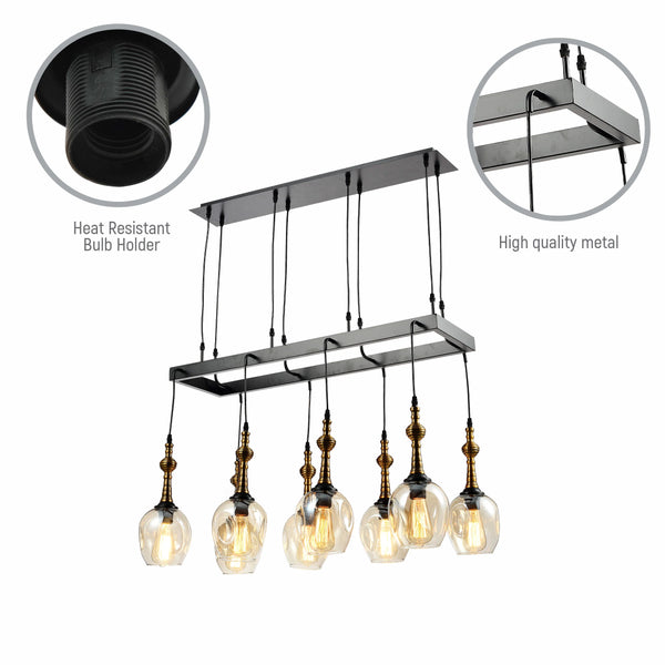 Amber Cone Glass Black Metal Island Ceiling Chandelier Light 8xE27