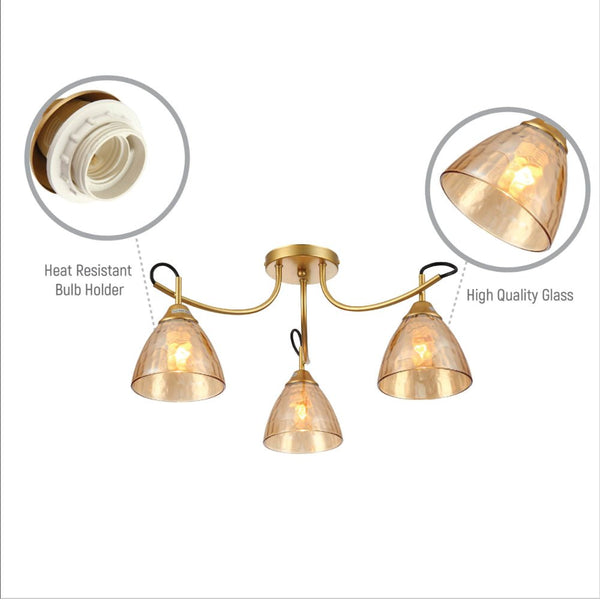 Amber Cone Glass Gold Semi Flush Ceiling Light E27