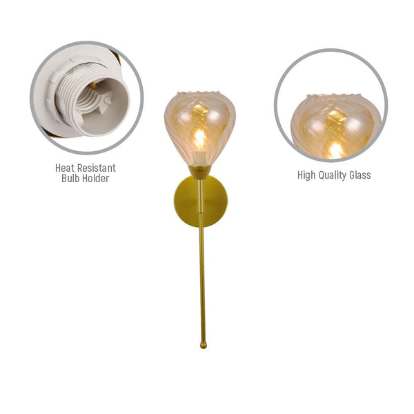Amber Cone Patterned Glass Gold Metal Sconce Wall Light E14 Fitting