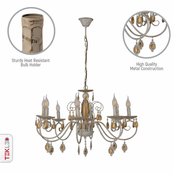 Amber Crystal Gold and White Metal Arm Ceiling Chandelier Light E14