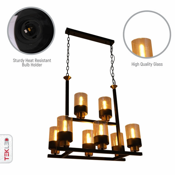Amber Cylinder Glass Black Metal Chandelier Ceiling Light 8xE27