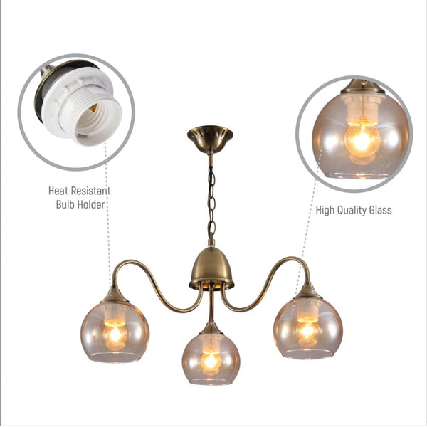 Amber Dome Glass Antique Brass Swan Chandelier Ceiling Light