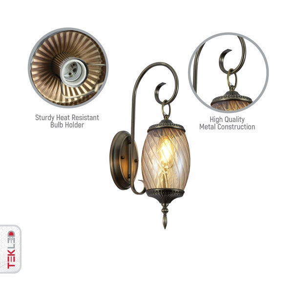 Amber Glass Antique Bronze Metal Body Moroccan Style Wall Lamp E27 Fitting