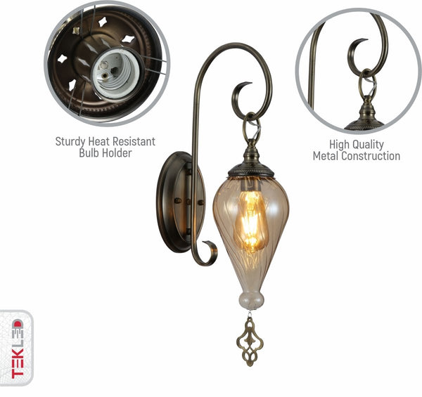 Amber Glass Antique Bronze Metal Body Moroccan Style Wall Light E27 Fitting