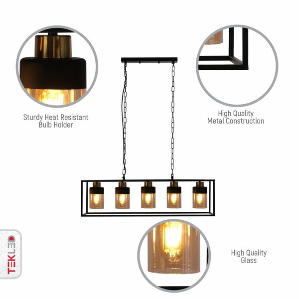 Amber Glass Black Metal Body Island Chandelier Ceiling Light 5xE27