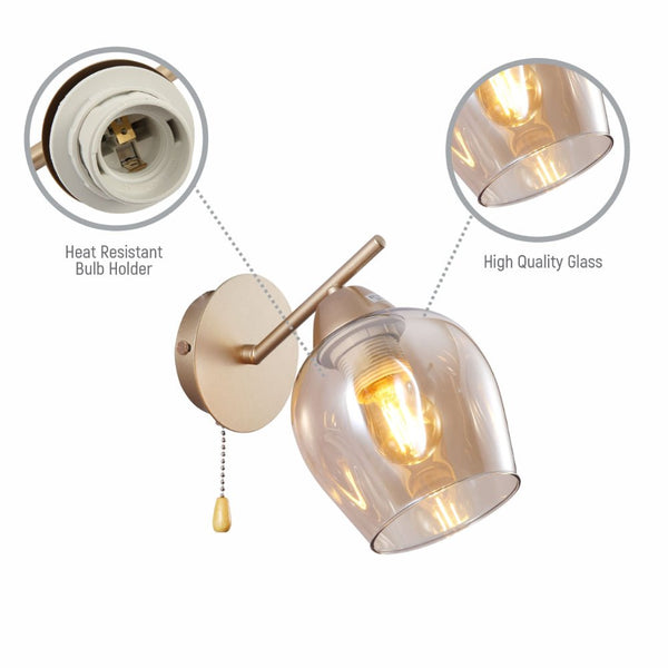 Amber Glass Metallic Gold Branch Twig Modern Wall Light E27 Fitting and Pull Down Switch