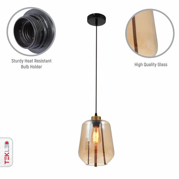 Amber or Smoky Glass Schoolhouse Pendant Ceiling Light L E27