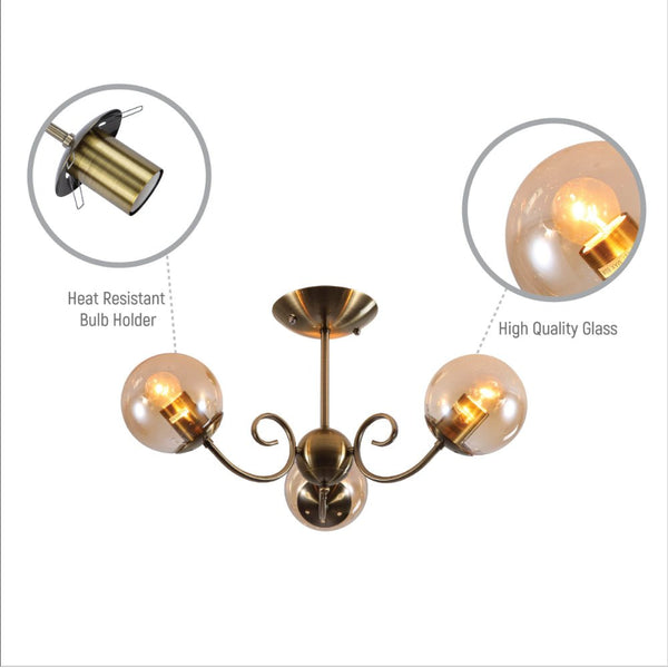 Amber Globe Glass Antique Brass Metal Body Vintage Retro Crystal Ceiling Light E27 Fittings