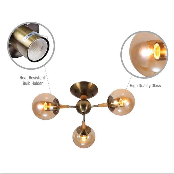 Amber Globe Glass Antique Brass Metal Wood Body Vintage Retro Molecule Ceiling Light E27 Fittings