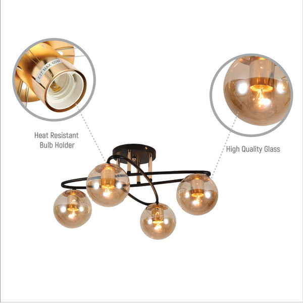Amber Globe Glass Black Ellipse Metal Modern Semi Flush Ceiling Light E27