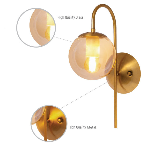 Amber Globe Glass Gold Aluminium Bronze Cane Metal Downward Wall Light E27 Fitting