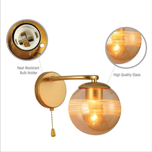 Amber Globe Glass Gold Ellipse Metal Body Modern Wall Light with Pull Down Switch E27 Fitting