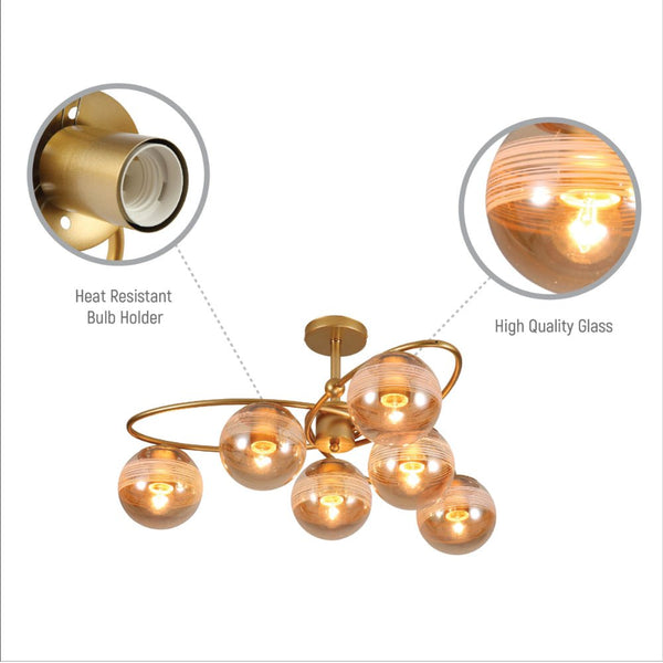 Amber Globe Glass Gold Ellipse Metal Body Semi Flush Modern Ceiling Light with E27 Fittings