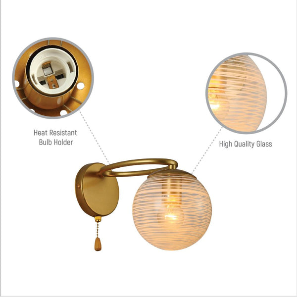 Clear Globe Glass Gold Metal Ellipse Vintage Retro Wall Light with Pull Down Switch E27 Fitting