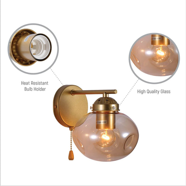 Amber Globe Glass Gold Metal Vintage Retro Wall Light with Pull Down Switch E27 Fitting