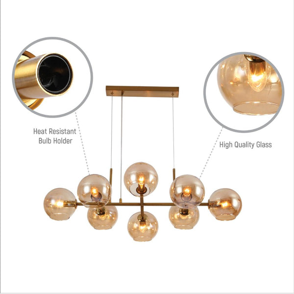 Amber Globe Glasses Gold Metal Body Kitchen Island Chandelier Ceiling Light 8xE14 Fittings