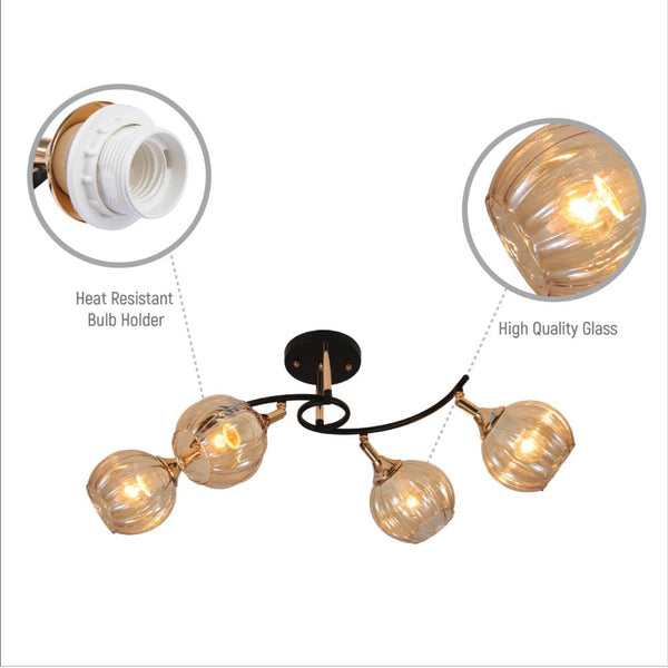Amber Reeded Globe Glass Black Gold Metal Body Vintage Retro Semi Flush Ceiling Light E27 Fittings