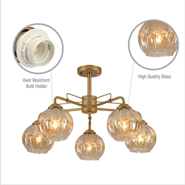 Amber Reeded Globe Glass Gold Metal Industrial Vintage Retro Semi Flush Ceiling Light E27 Fittings