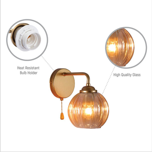 Reeded Glass Wall Light with Pull Down Switch E27 Fitting