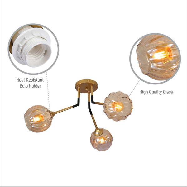 Amber Reeded Globe Glass Gold Metal Vintage Retro Semi Flush Ceiling Light E27 Fittings