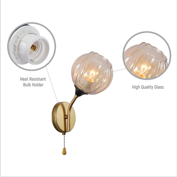 Amber Reeded Globe Glass Gold Metal Vintage Retro Wall Light with Pull Down Switch E27 Fitting