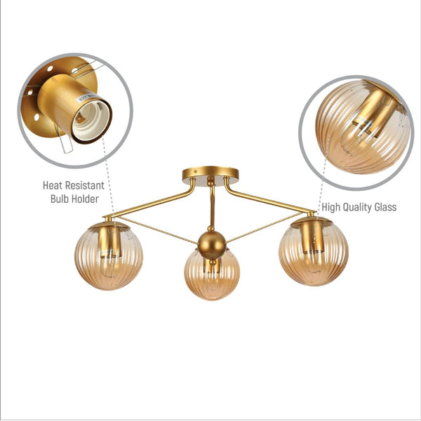 Amber Reeded Globe Gold Semi Flush Ceiling Light E27