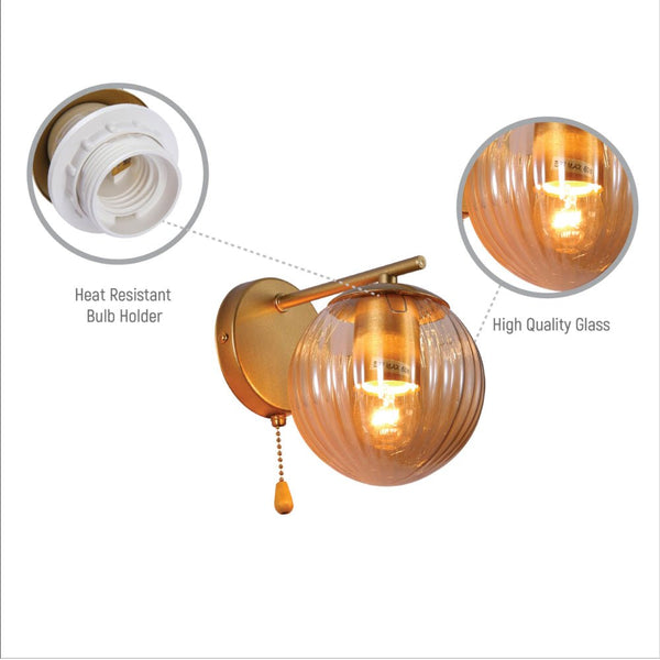 Amber Reeded Globe Gold Wall Light E27 Pull Down Switch