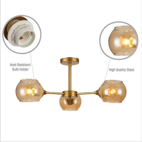 Amber Sides Open Globe Glass Gold Semi Flush Ceiling Light E27